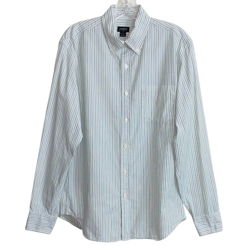 J Crew Mens White Shirt Sz M Blue & Green Pin Stripe Long Sleeves Ivy Style Prep